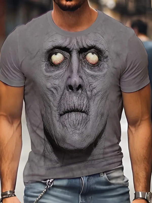 Tricou bărbătesc slim fit cu mânecă scurtă, guler rotund, imprimare 3D cu față horror de animație pe poliester respirabil