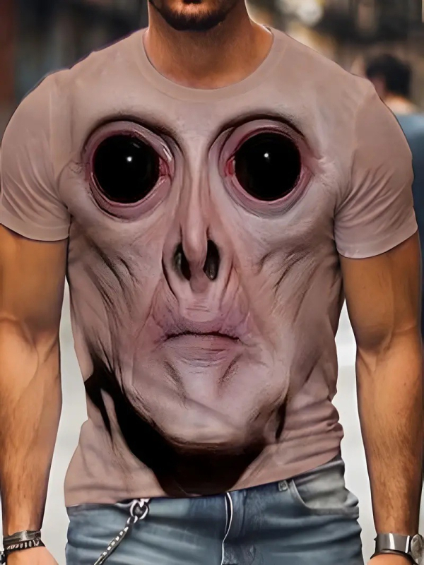 Tricou bărbătesc slim fit cu mânecă scurtă, guler rotund, imprimare 3D cu față horror de animație pe poliester respirabil