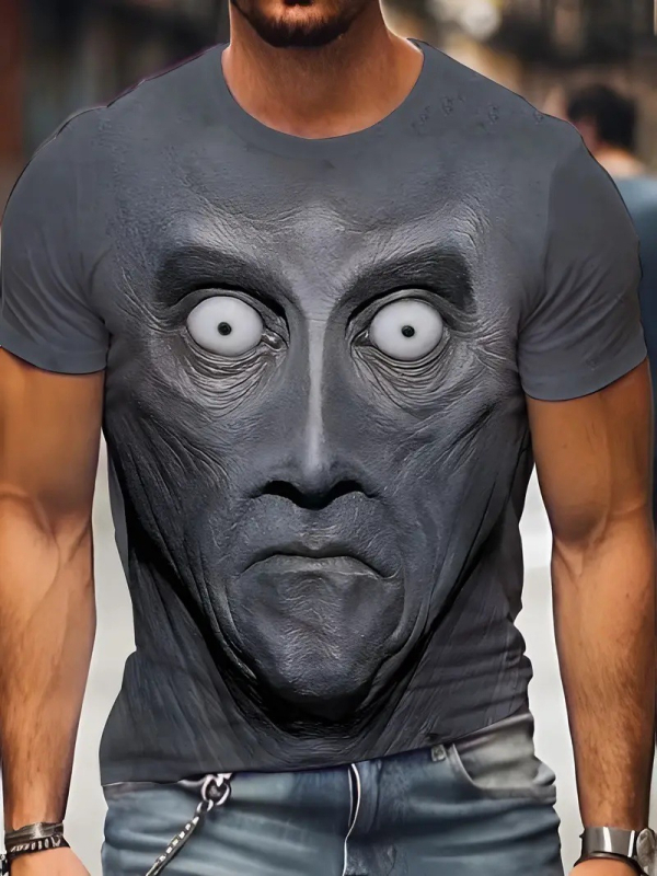 Tricou bărbătesc slim fit cu mânecă scurtă, guler rotund, imprimare 3D cu față horror de animație pe poliester respirabil