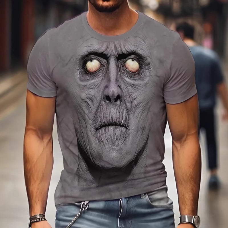Tricou bărbătesc slim fit cu mânecă scurtă, guler rotund, imprimare 3D cu față horror de animație pe poliester respirabil