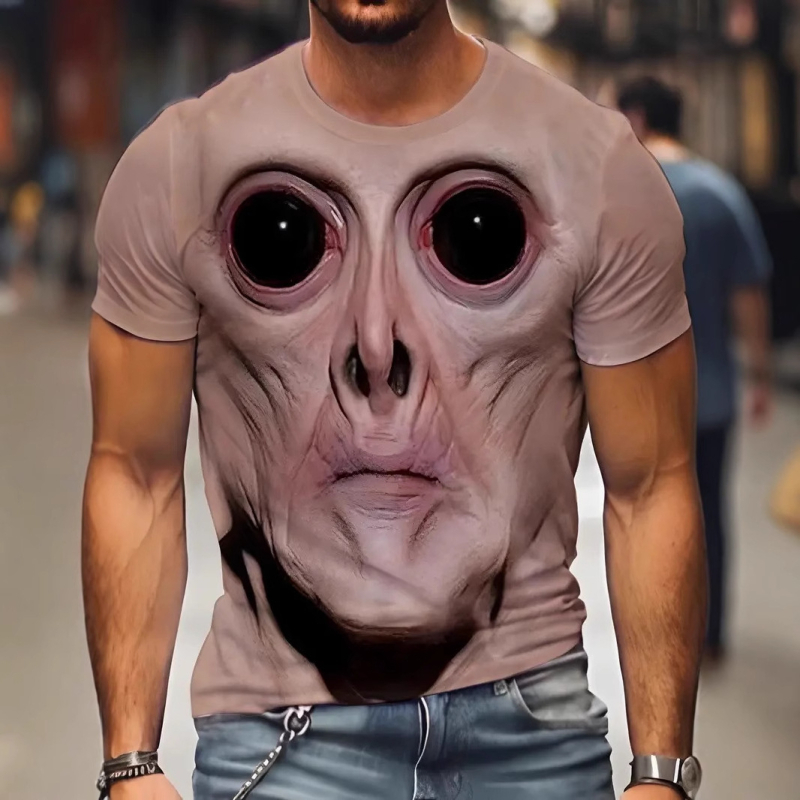 Tricou bărbătesc slim fit cu mânecă scurtă, guler rotund, imprimare 3D cu față horror de animație pe poliester respirabil