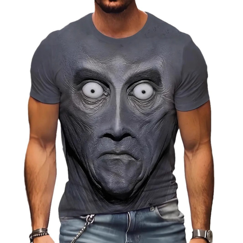 Tricou bărbătesc slim fit cu mânecă scurtă, guler rotund, imprimare 3D cu față horror de animație pe poliester respirabil