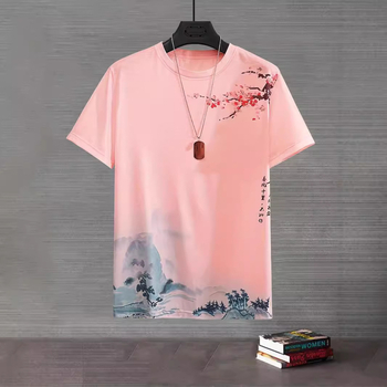 Vyrų kasdieniai marškinėliai su nacionalinės stilistikos atspaudu, trumpomis rankovėmis, apvalus kaklas, poliesterio audinys (>95%), vasara 2024