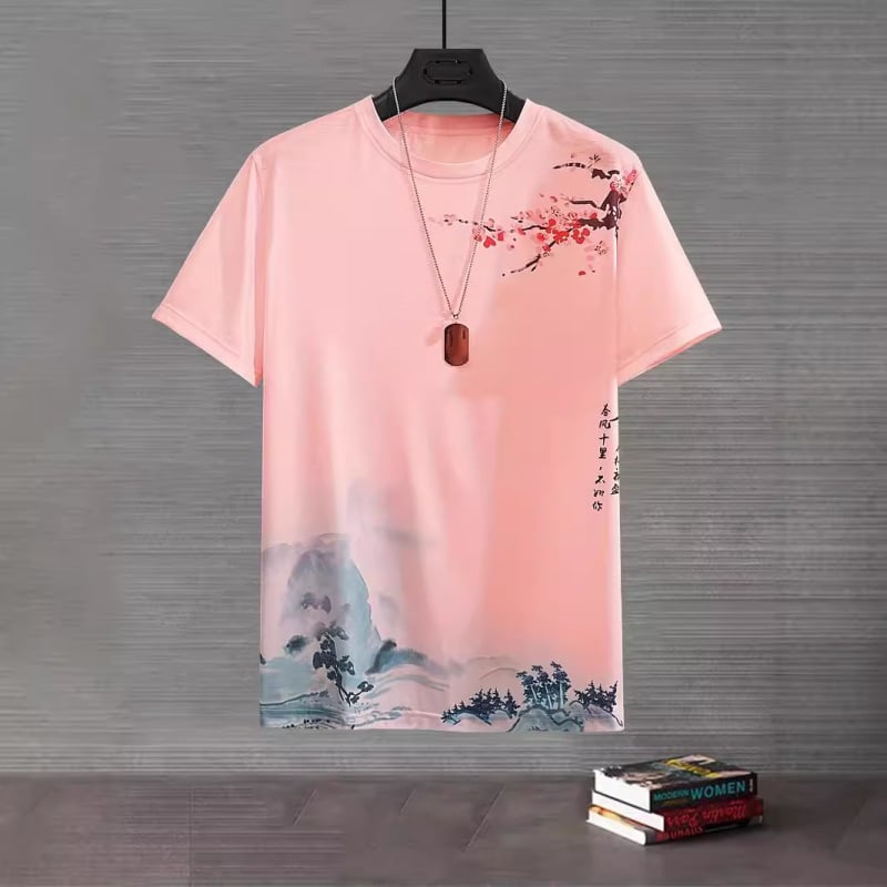 Vyrų kasdieniai marškinėliai su nacionalinės stilistikos atspaudu, trumpomis rankovėmis, apvalus kaklas, poliesterio audinys (>95%), vasara 2024