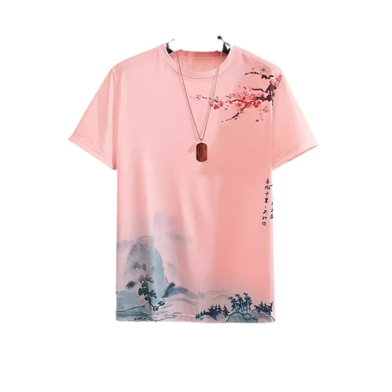 Vyrų kasdieniai marškinėliai su nacionalinės stilistikos atspaudu, trumpomis rankovėmis, apvalus kaklas, poliesterio audinys (>95%), vasara 2024