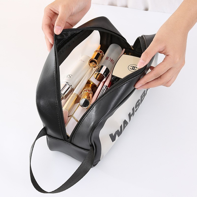 Geantă de machiaj din PVC, cub, impermeabilă, cu compartimentare uscat-umed, capacitate mare