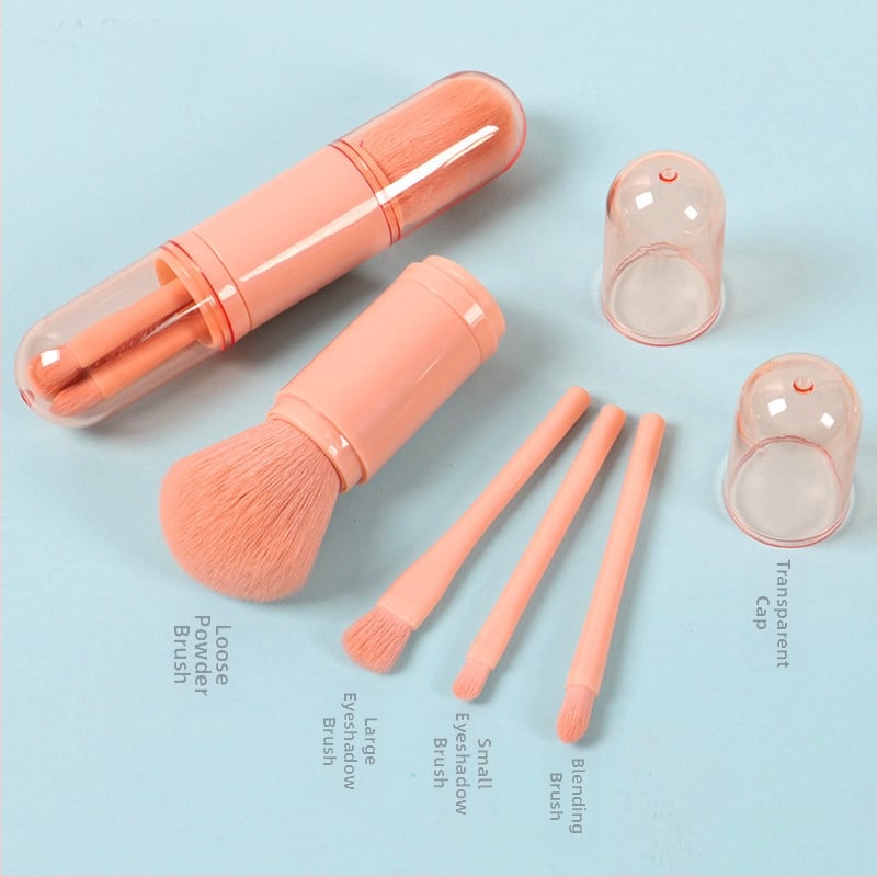 Makiažo šepetėlių rinkinys – ištraukiamas, daugiafunkcinis, keturi viename pudrai ir akių šešėliams, plastiniu koteliu, mini 4-osaline rinkinys