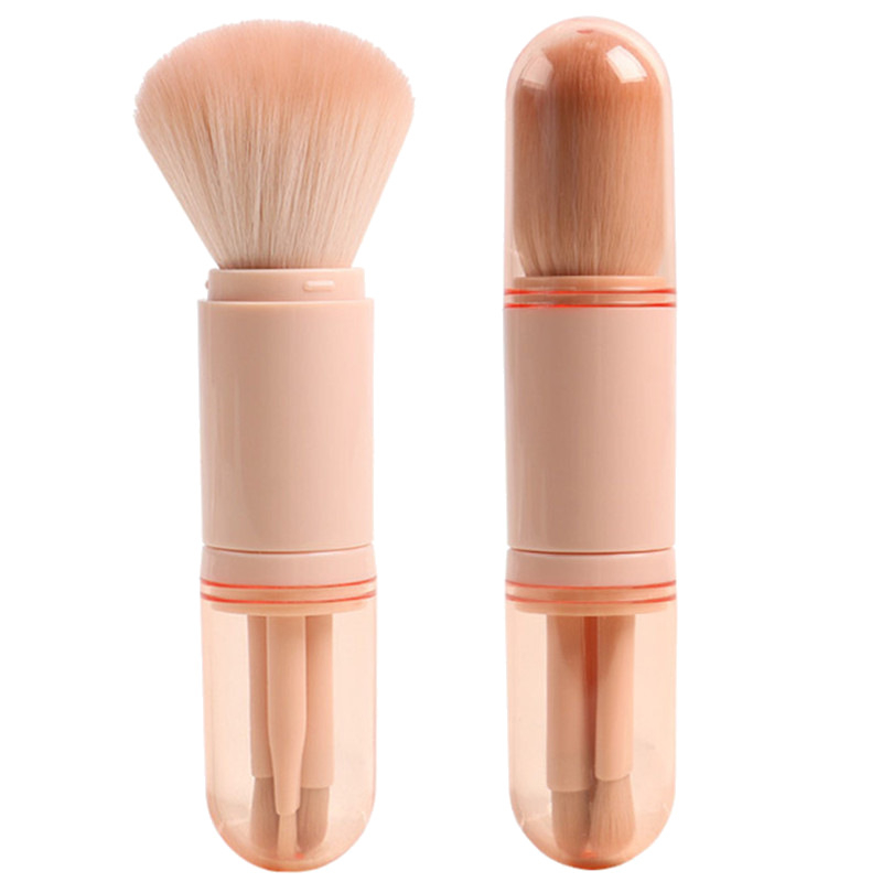 Makiažo šepetėlių rinkinys – ištraukiamas, daugiafunkcinis, keturi viename pudrai ir akių šešėliams, plastiniu koteliu, mini 4-osaline rinkinys