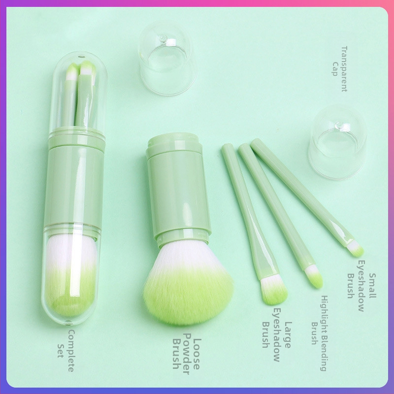 Makiažo šepetėlių rinkinys – ištraukiamas, daugiafunkcinis, keturi viename pudrai ir akių šešėliams, plastiniu koteliu, mini 4-osaline rinkinys