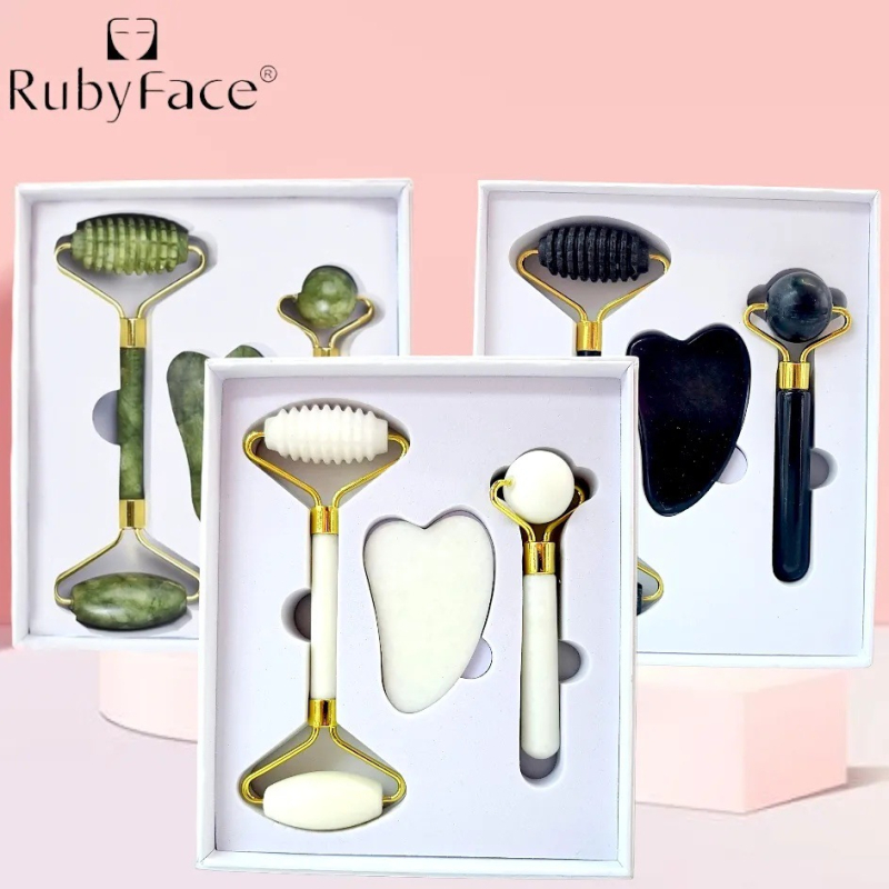 Trīsdaļu komplekts: nefrita sejas vīles un gua sha plāksne dāvanu kastē – RUBYFACE (OEM), bez elektroenerģijas, griešanās stilā, derīguma termiņš 5 gadi