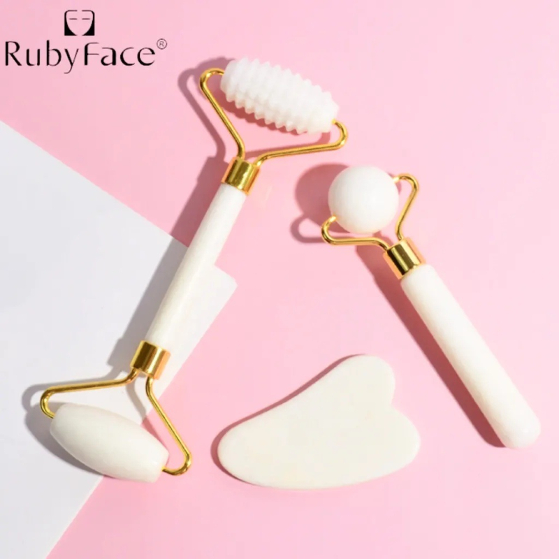 Trīsdaļu komplekts: nefrita sejas vīles un gua sha plāksne dāvanu kastē – RUBYFACE (OEM), bez elektroenerģijas, griešanās stilā, derīguma termiņš 5 gadi