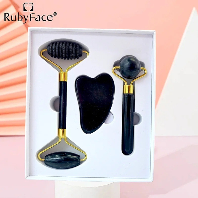 Trīsdaļu komplekts: nefrita sejas vīles un gua sha plāksne dāvanu kastē – RUBYFACE (OEM), bez elektroenerģijas, griešanās stilā, derīguma termiņš 5 gadi