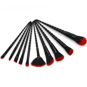 10-dalių makiažo šepetėlių rinkinys su ilgu kotu ir sintetinių plaukų šereliais — pagrindui ir akių šešėlių maišymui