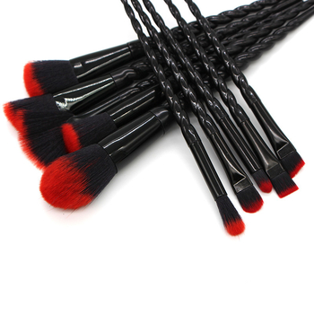 10-dalių makiažo šepetėlių rinkinys su ilgu kotu ir sintetinių plaukų šereliais — pagrindui ir akių šešėlių maišymui