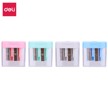 Deli 0576 pieštukų drožtukas su dviem skylėm, metalinis korpusas, rankinis, reguliuojamas grafito storis