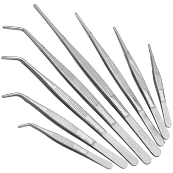 Nerūdijančio plieno pinsetės akvariumui su tiesiais ir išlenktais galiukais, skirtos maitinimui ir vandens augalų tvarkymui