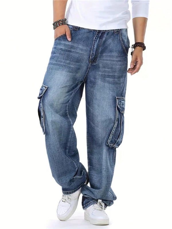 Szabadidő-stílusú farmernadrág több zsebbel, középmagas derék, pamutkeverék denim, kopott szegélyek