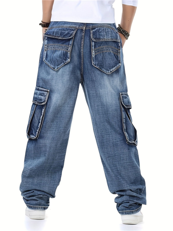 Szabadidő-stílusú farmernadrág több zsebbel, középmagas derék, pamutkeverék denim, kopott szegélyek