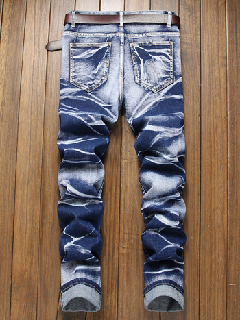 Дънкови джинси, средна талия, права кройка, еластични, тай дай принт, пясъчно измиване, мултиджобни, 75% памук