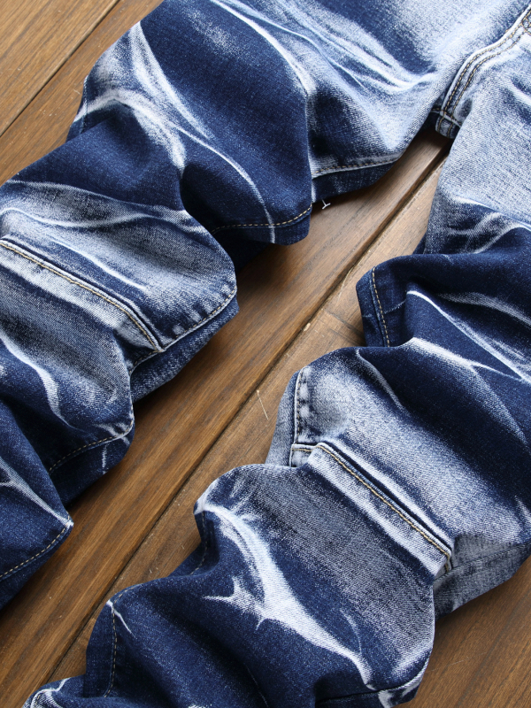 Дънкови джинси, средна талия, права кройка, еластични, тай дай принт, пясъчно измиване, мултиджобни, 75% памук