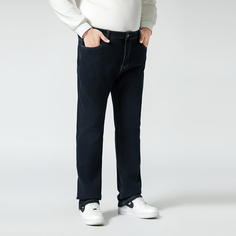 Džinsai, vintage tiesaus silueto, žieminis džins su fliso įdaila, vidurinis juosmuo, užtrauktukas, kelios kišenės