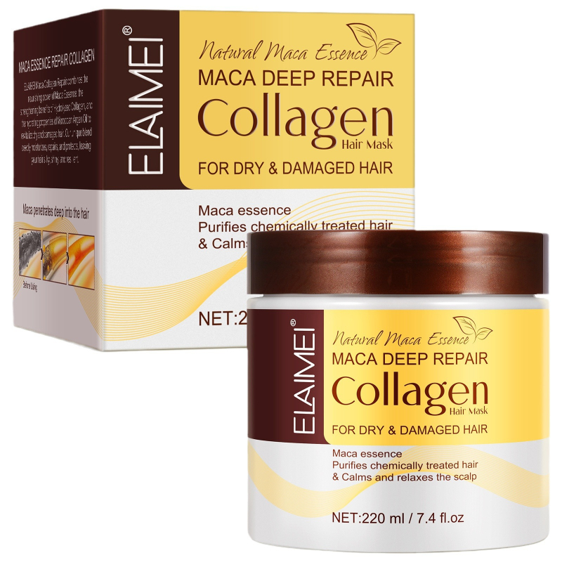Elaimei Maca Kolageninė plaukų kaukė – Drėkina ir maitina, Lygina, Kontroliuoja frizą, Atkuria pažeistus plaukus po cheminės apdorojimo
