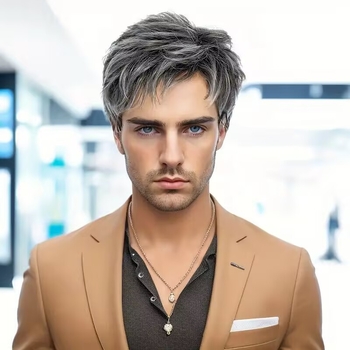 Мъжка перука – модел M423, термоустойчиво синтетично влакно, обработка чрез механизъм, подходяща за всички тонове кожа, за лице с диамантена форма