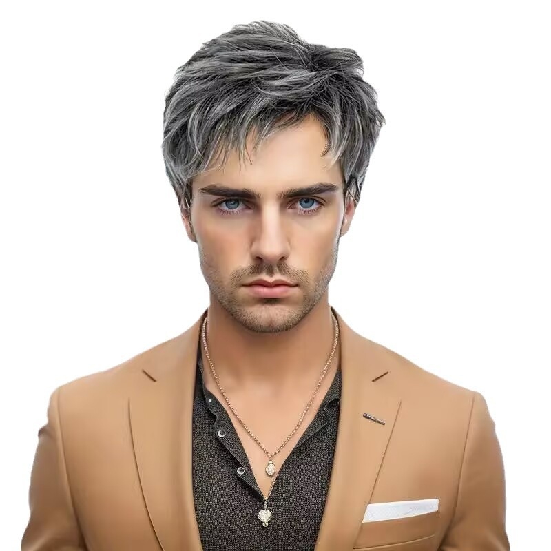 Мъжка перука – модел M423, термоустойчиво синтетично влакно, обработка чрез механизъм, подходяща за всички тонове кожа, за лице с диамантена форма