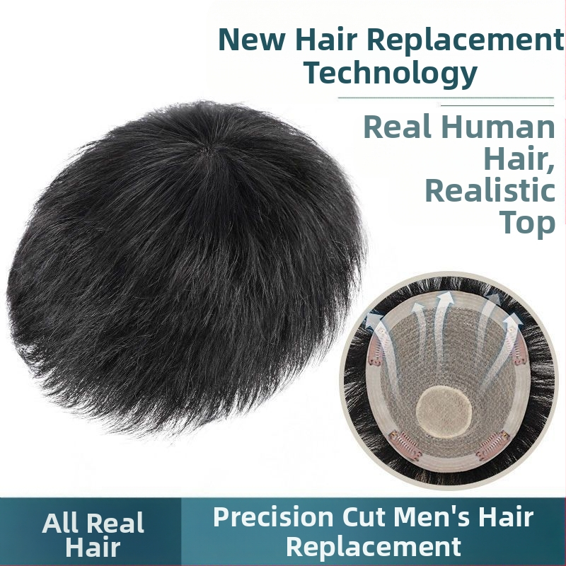 Мъжки парик от естествени коси с механизъм, къса дължина, може да се боядисва и да се подлага на перманентна обработка, покрива оплешивяване