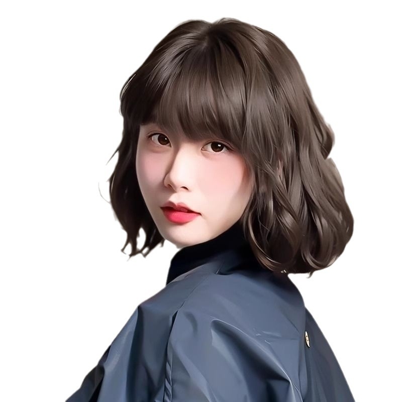 Γυναικεία περούκα με φυσικό βλέμμα, κοντή κατσαρή μπούκλα σε κυματοειδή μορφή, ίνες ανθεκτικές σε υψηλή θερμοκρασία, μηχανική επεξεργασία, όχι βαφή με ζεστό χρώμα, αφέλειες: ευθείες ή κεκλιμένες