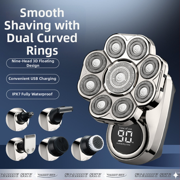 Elektriskais skuveklis ar rotējošu daudzslāņu galvu (>4), iekšējā akumulatora 500–800 mAh, darbības laiks 2 stundas, pilnīgi mazgājams