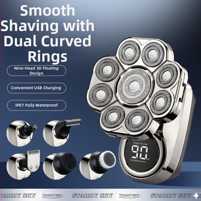 Elektriskais skuveklis ar rotējošu daudzslāņu galvu (>4), iekšējā akumulatora 500–800 mAh, darbības laiks 2 stundas, pilnīgi mazgājams