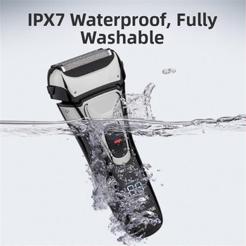 Elektriskais skuveklis visam ķermenim, pilnīgi ūdensdrošs, USB uzlāde, atgriezeniska galva ar trim asmeņiem, iebūvēta baterija 800-1000 mAh, darbība līdz 60 minūtēm, jauda 3W