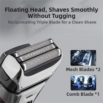 Elektriskais skuveklis visam ķermenim, pilnīgi ūdensdrošs, USB uzlāde, atgriezeniska galva ar trim asmeņiem, iebūvēta baterija 800-1000 mAh, darbība līdz 60 minūtēm, jauda 3W