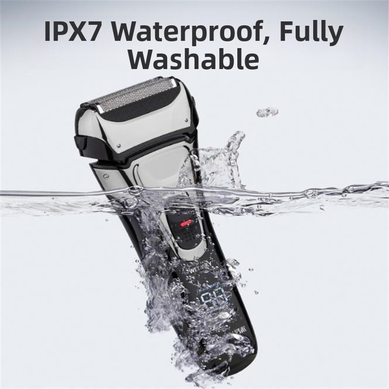 Elektriskais skuveklis visam ķermenim, pilnīgi ūdensdrošs, USB uzlāde, atgriezeniska galva ar trim asmeņiem, iebūvēta baterija 800-1000 mAh, darbība līdz 60 minūtēm, jauda 3W