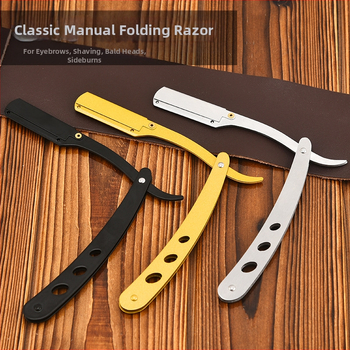 Rokas skuveklis no nerūsējošā tērauda, saliekams vintage dizains, sejas un uzacu skūšanai, skuveklim turētājs