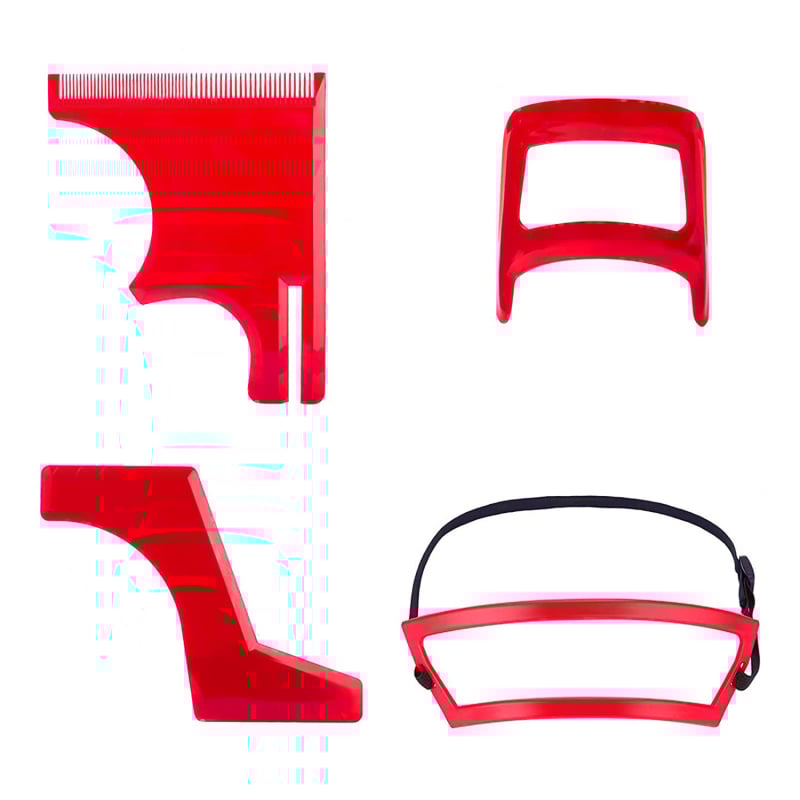 Комплект от четири части за оформяне на брада и коса: гребен за брада, гребен за коса, устройство за оформяне на брада, линейка за подстригване на шията; Марка TIANWEI; Материал PP