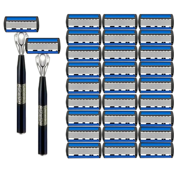 Rokas manuālais 6-slāņu drošības skuveklis vīriešiem ar maināmu galvu un skrāpējumu aizsargājošām asmeņiem