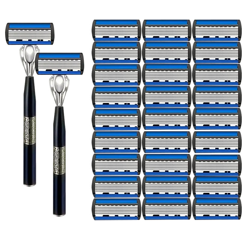 Rokas manuālais 6-slāņu drošības skuveklis vīriešiem ar maināmu galvu un skrāpējumu aizsargājošām asmeņiem