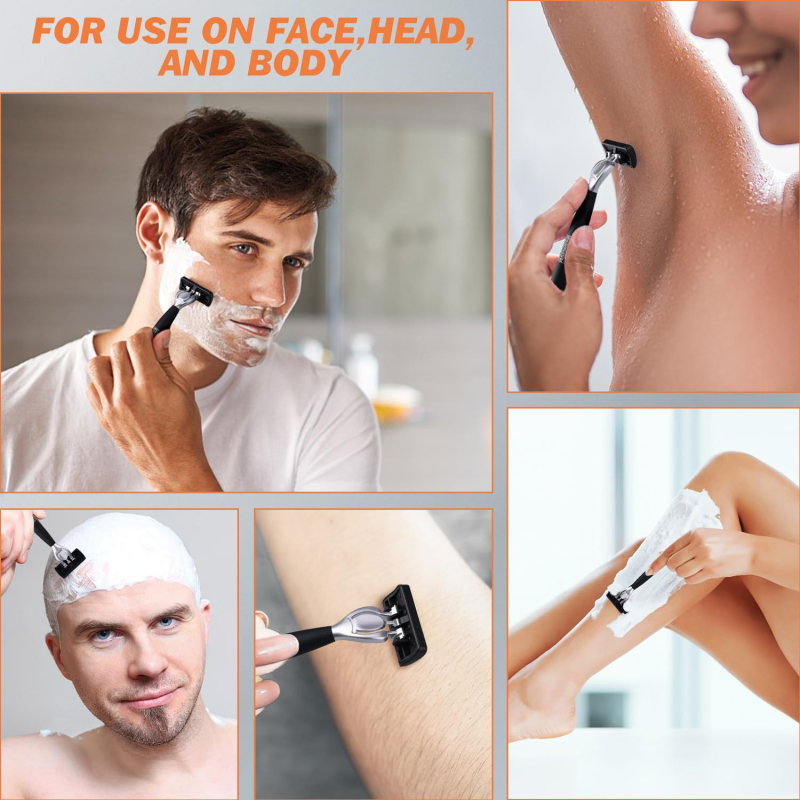 Rokas manuālais 6-slāņu drošības skuveklis vīriešiem ar maināmu galvu un skrāpējumu aizsargājošām asmeņiem