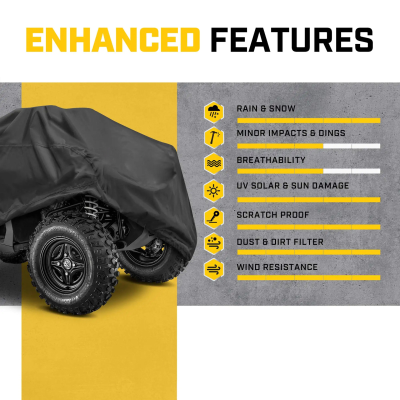 ATV ir motociklų uždangalas — šilko poliesters, atsparus vandeniui ir dulkėms, saulės ir lietaus apsauga, suderinamas su keliais modeliais