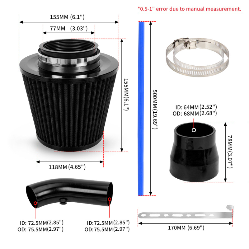 Automobilio oro filtro patobulinimo rinkinys su aliuminio lydinio filtro šerdimi šaltam oro įsiurbimui (Model OFI095)