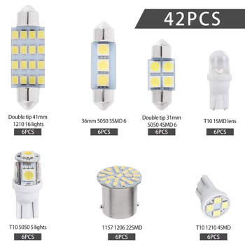 Automobilski LED set, 42 komada T10 – unutarnje svjetlo za vrata i svjetla za registarsku oznaku, 12V, 3W, 6500K, vijek trajanja 50.000 h
