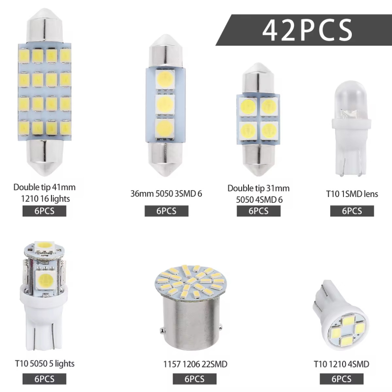 Automobilski LED set, 42 komada T10 – unutarnje svjetlo za vrata i svjetla za registarsku oznaku, 12V, 3W, 6500K, vijek trajanja 50.000 h