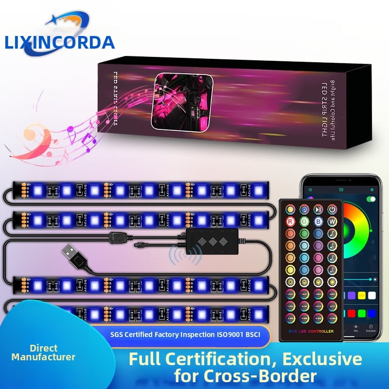 RGB automobilio vidaus LED atmosferos apšvietimas, 12x5050 LED, įėjimo įtampa 12V, galia 3W, spindulio kampas 120°, modelis LXC-021 su balso valdymu