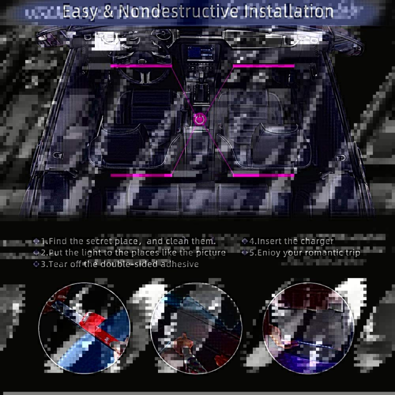 RGB automobilio vidaus LED atmosferos apšvietimas, 12x5050 LED, įėjimo įtampa 12V, galia 3W, spindulio kampas 120°, modelis LXC-021 su balso valdymu