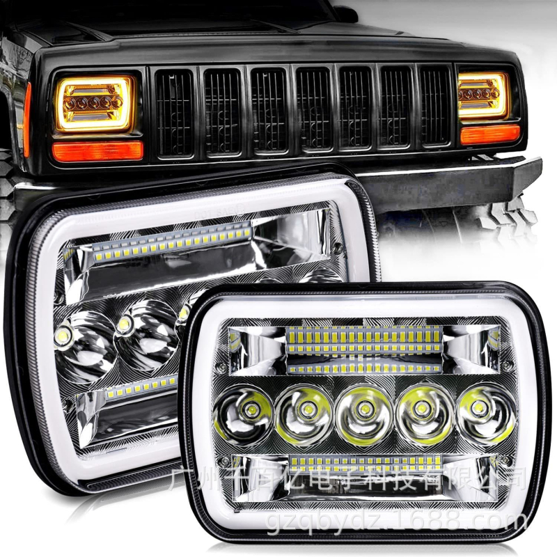 LED priekinis žibintas su halo angelų akimis ir posūkio signalu, 55W, 10-30V, IP67, 5200 lm, modelis QBY-2174, skirtas Jeep Wrangler YJ (1987–1995), Cherokee XJ, Ford, GMC