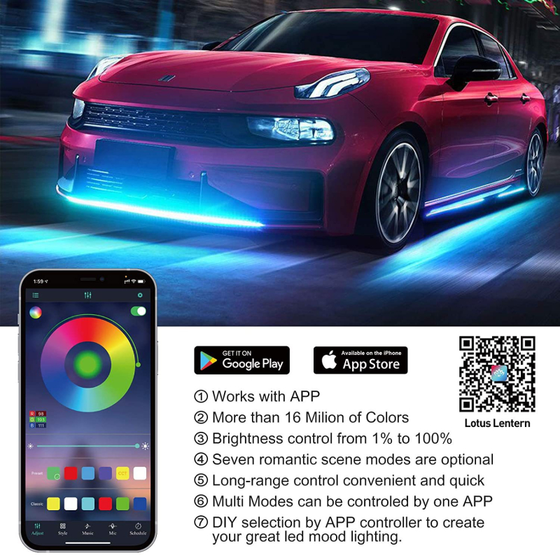 XH RGB Lumină pentru șasiu auto cu control prin APP, iluminare ambientală controlată vocal, bandă lungă (12V, 5W, 0.45A)