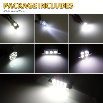 Automobilinis LED rinkinys 42 vnt., T10 LED lemputės, dvipusiai skaitymo žibintai, numerio ženklo apšvietimas ir vidaus durelių šviesos (12V, 5W)