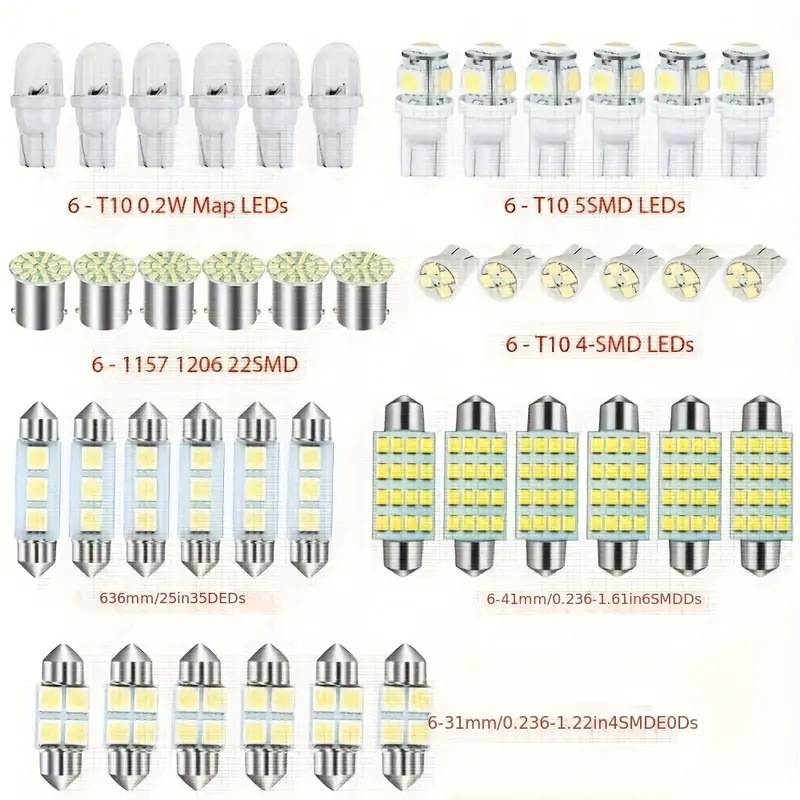 Automobilinis LED rinkinys 42 vnt., T10 LED lemputės, dvipusiai skaitymo žibintai, numerio ženklo apšvietimas ir vidaus durelių šviesos (12V, 5W)